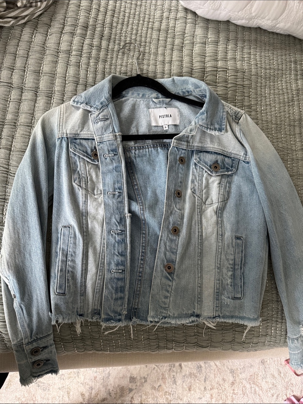pistola Light Blue Distressed Cropped Denim Jacket